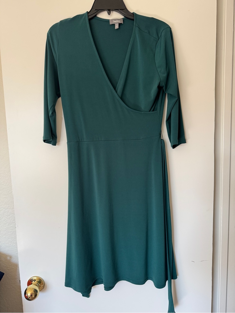 Neiman Marcus Dark Green Wrap-Style Long Sleeve Dress